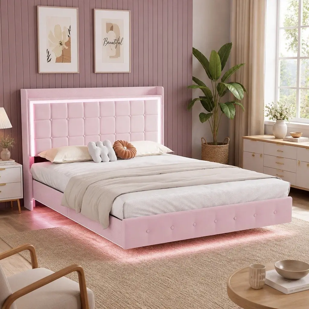 Double Bed Frame Velvet Fabric Solid Wood 205cm x 142cm x 113cm Pink