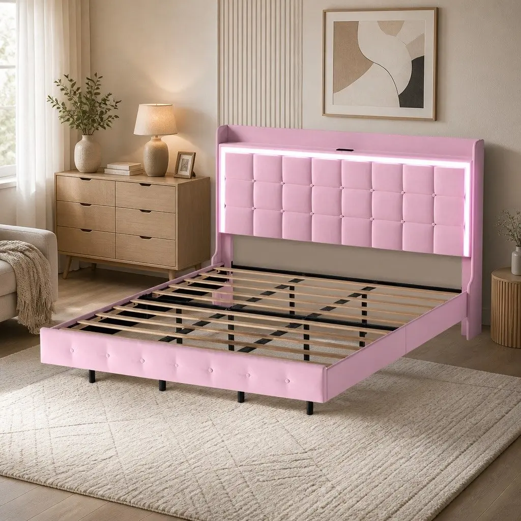 King Floating Bed Frame with USB Ports