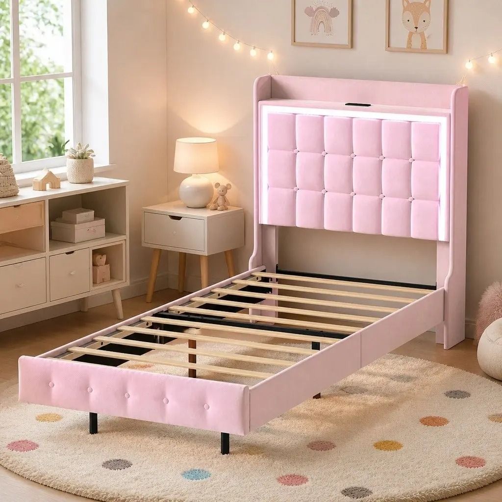 Single Floating Bed Frame Velvet Fabric Pink Modern Bedroom 204cm x 92cm with LED Headboard and USB Charging Ports