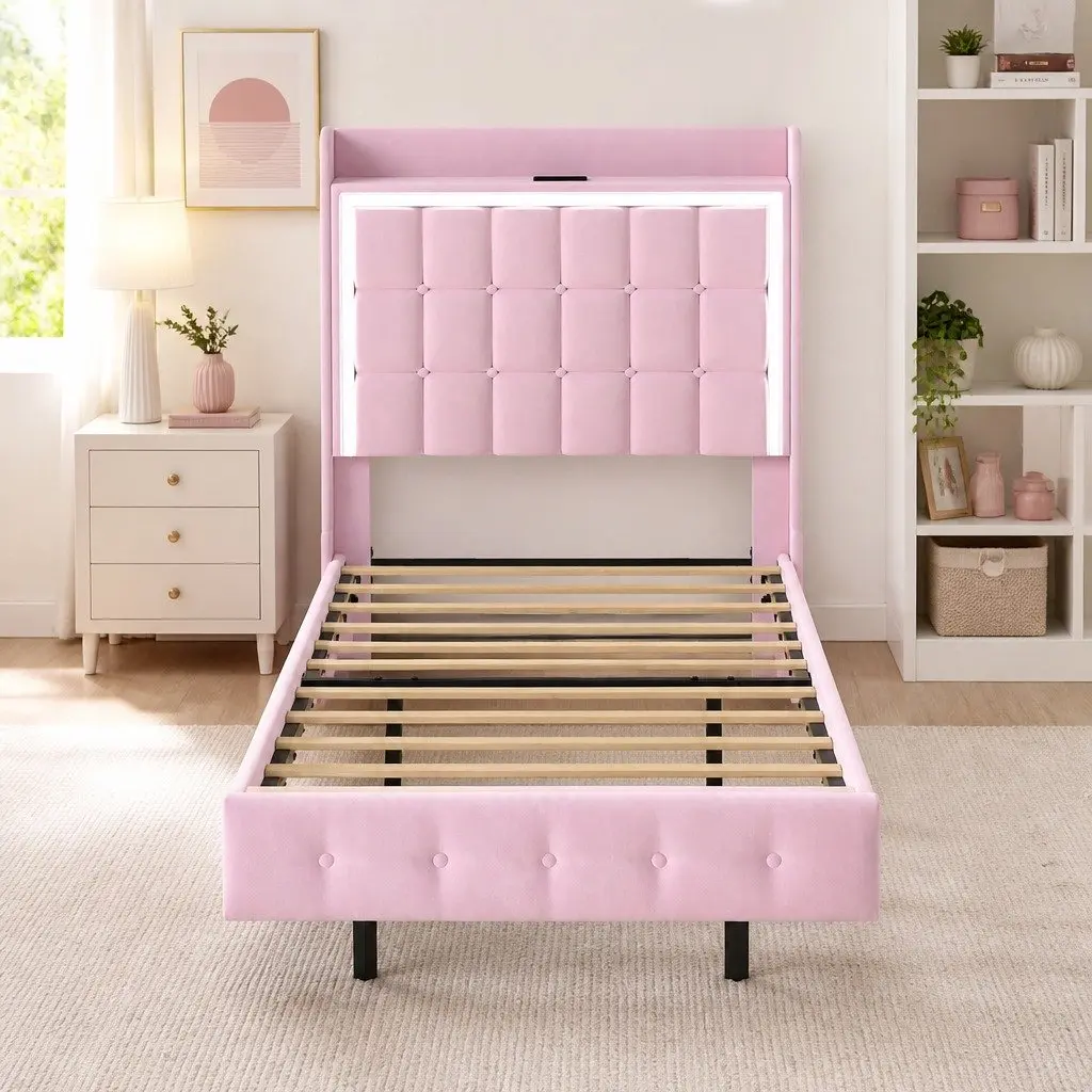 Single Floating Bed Frame Velvet Fabric Pink Modern Bedroom 204cm x 92cm with LED Headboard and USB Charging Ports