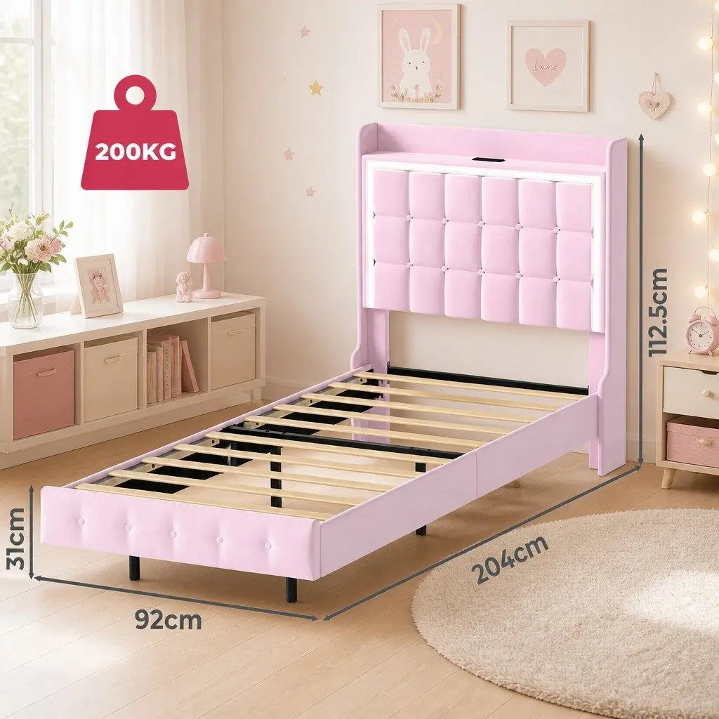 Single Floating Bed Frame Velvet Fabric Pink Modern Bedroom 204cm x 92cm with LED Headboard and USB Charging Ports