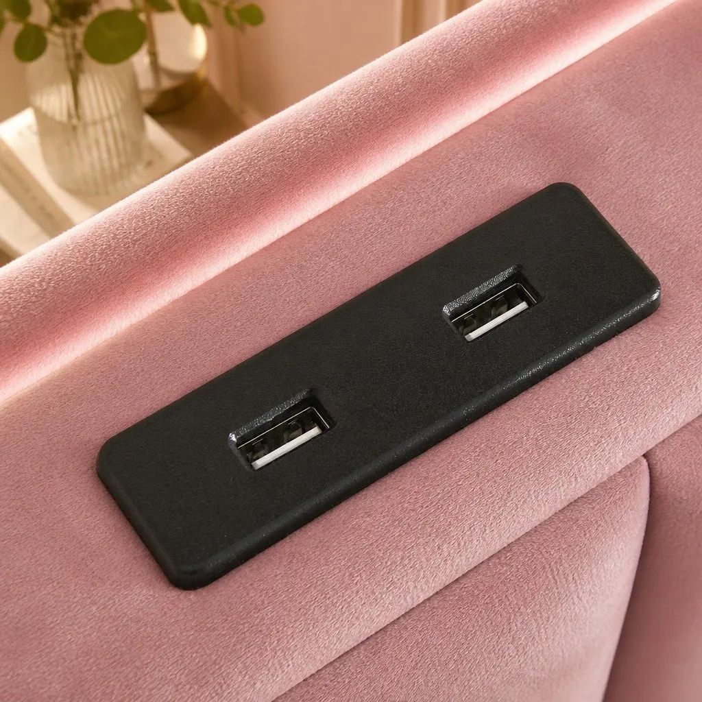 Single Floating Bed Frame Velvet Fabric Pink Modern Bedroom 204cm x 92cm with LED Headboard and USB Charging Ports