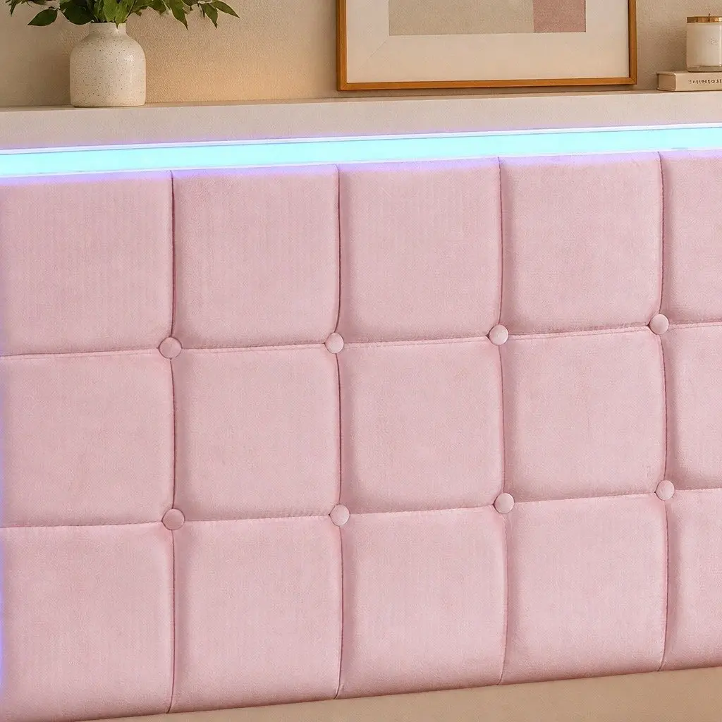 Single Floating Bed Frame Velvet Fabric Pink Modern Bedroom 204cm x 92cm with LED Headboard and USB Charging Ports