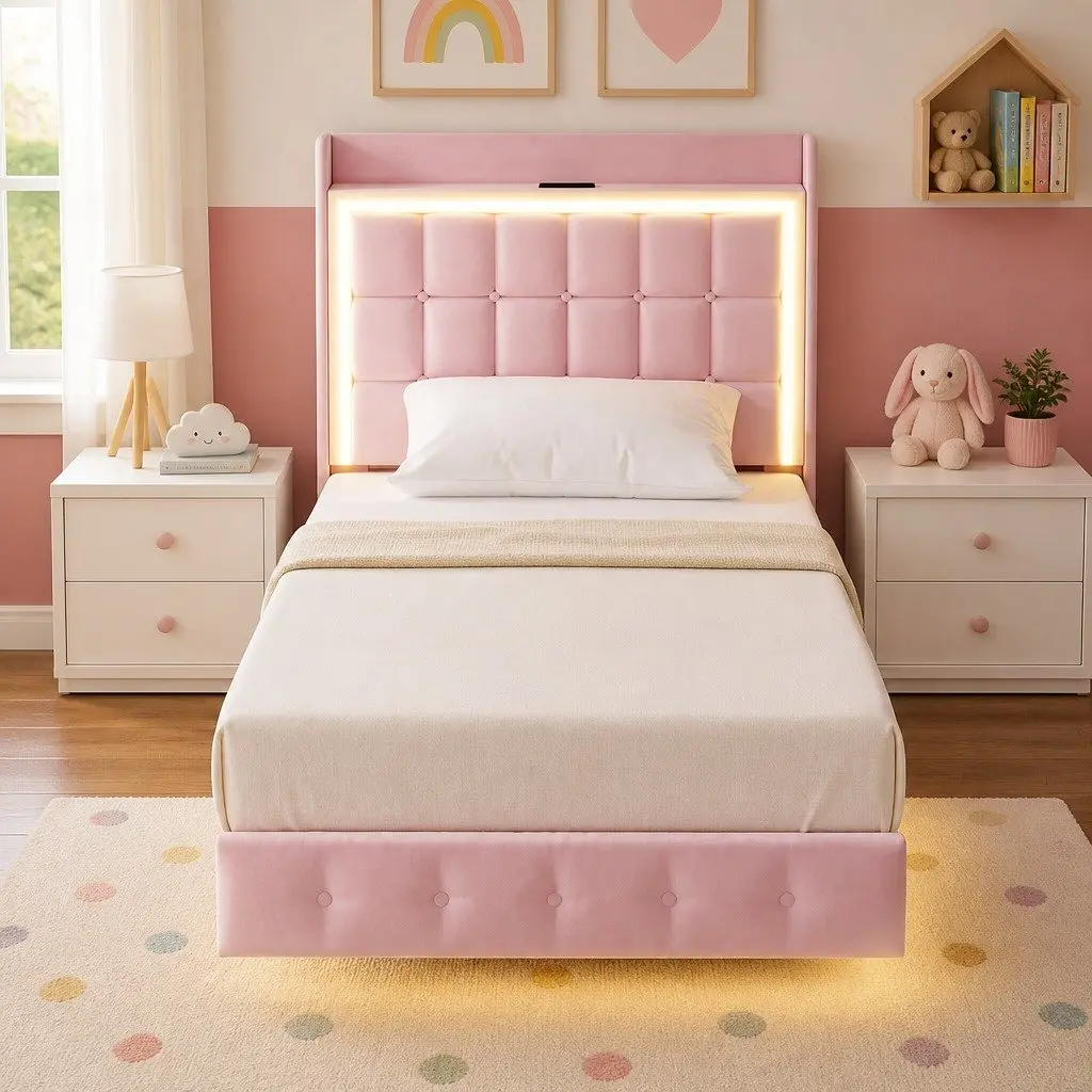 Single Floating Bed Frame Velvet Fabric Pink Modern Bedroom 204cm x 92cm with LED Headboard and USB Charging Ports