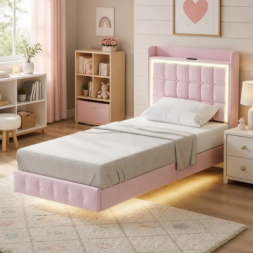 Single Floating Bed Frame Velvet Fabric Pink Modern Bedroom 204cm x 92cm with LED Headboard and USB Charging Ports