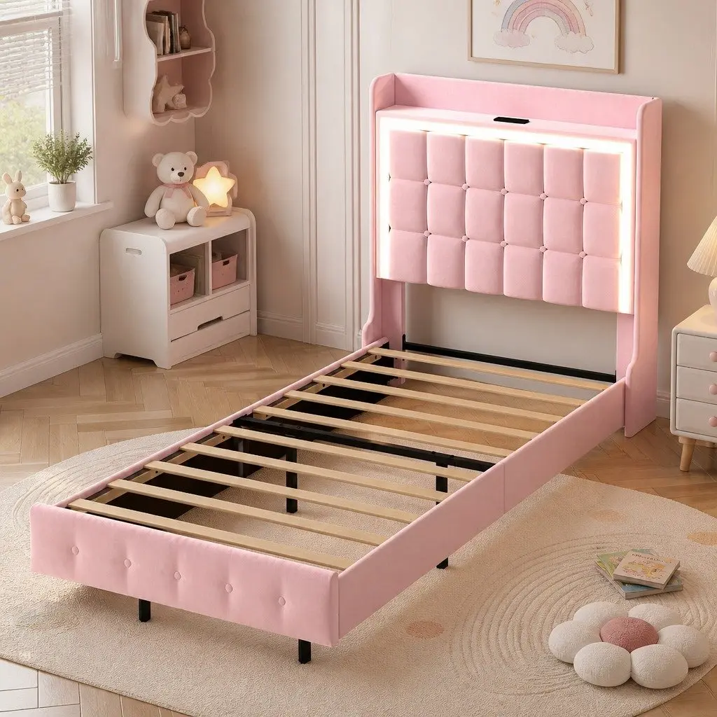 Single Floating Bed Frame Velvet Fabric Pink Modern Bedroom 204cm x 92cm with LED Headboard and USB Charging Ports