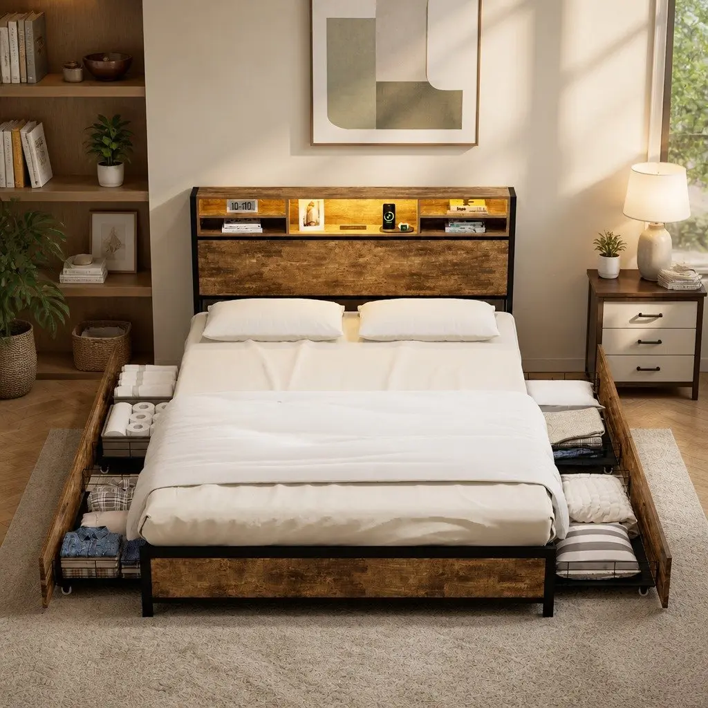 King Bed Frame with Storage Drawers RGB LED Headboard Charging Station
