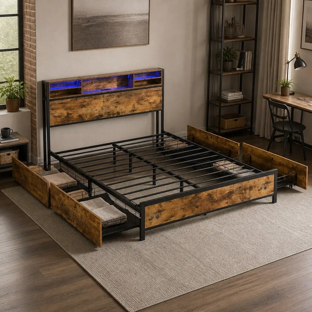 Queen Bed Frame Brown Steel with Storage Drawers LED Light Headboard Charging Station