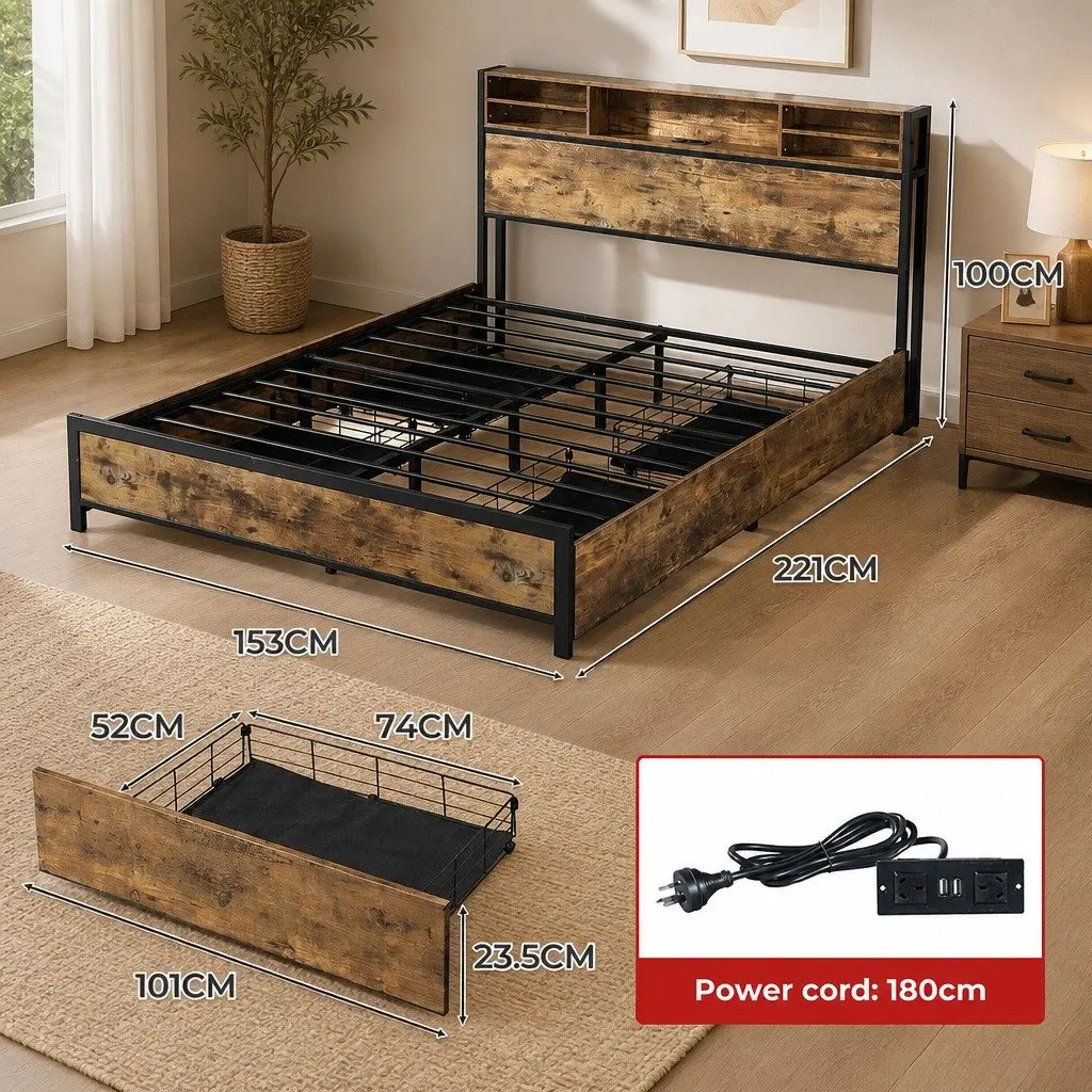 Queen Bed Frame Brown Steel with Storage Drawers LED Light Headboard Charging Station