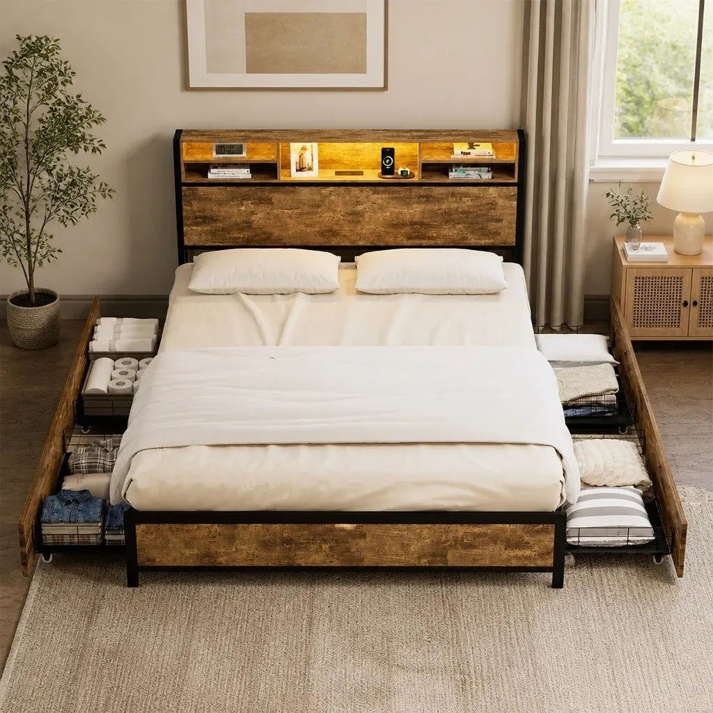 Queen Bed Frame Brown Steel with Storage Drawers LED Light Headboard Charging Station