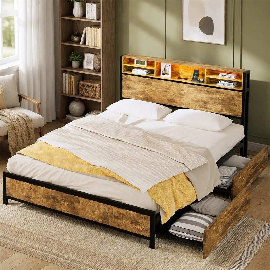 Queen Bed Frame Brown Steel with Storage Drawers LED Light Headboard Charging Station