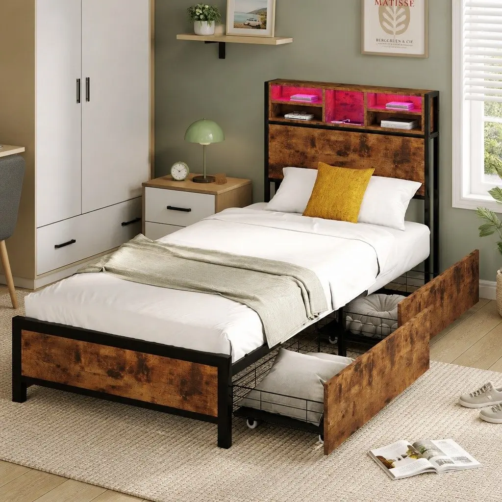 Single Bed Frame with Storage Drawers LED Headboard Charging Station Bedroom