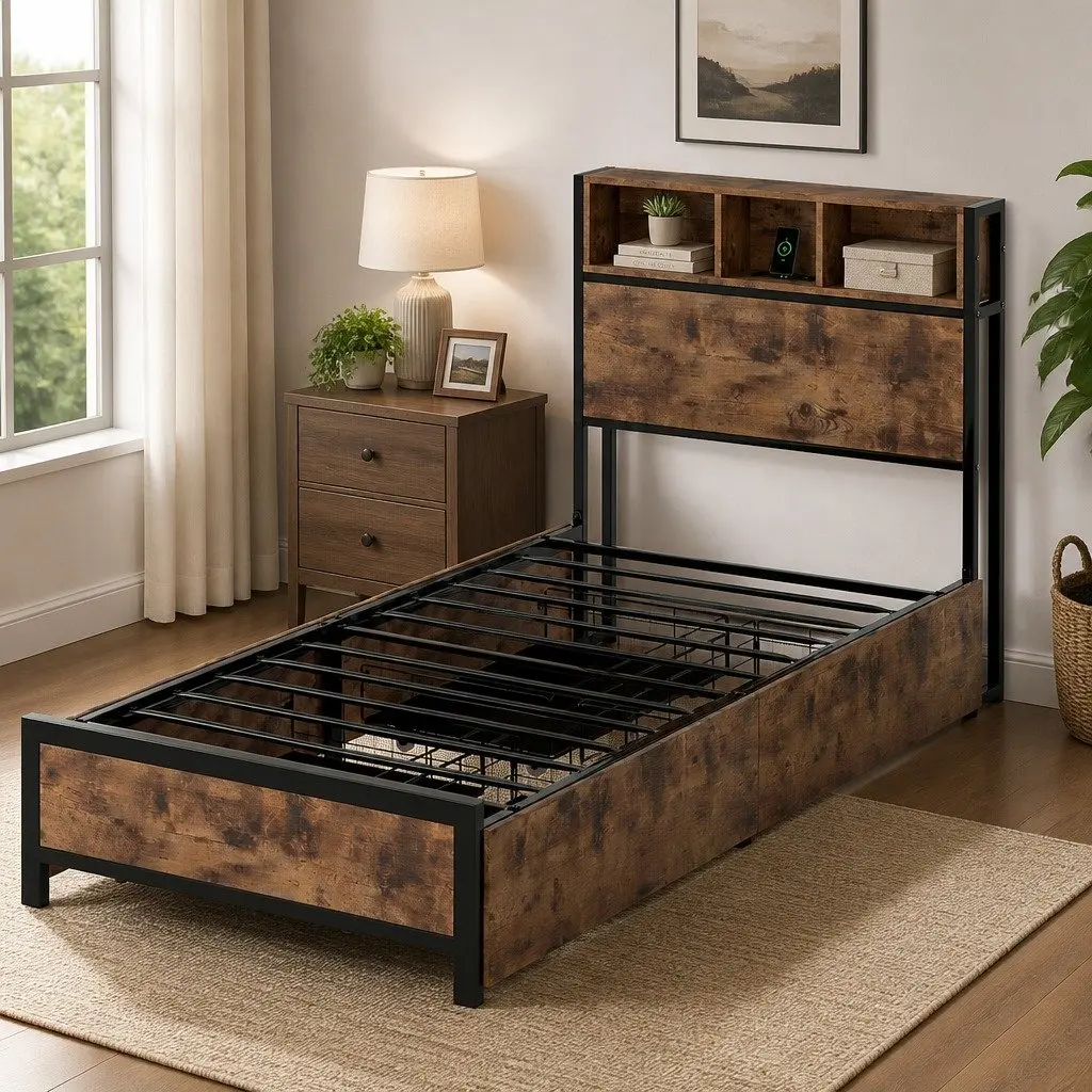 Single Bed Frame with Storage Drawers LED Headboard Charging Station Bedroom