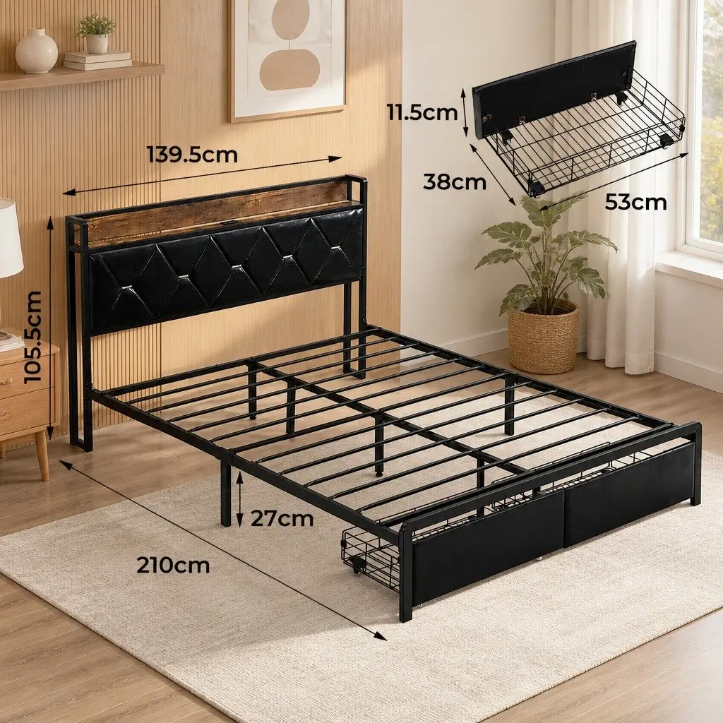 Double Metal Bed Frame with LED Lights Storage Drawers USB Charging Headboard Black 210cm x 139.5cm x 105.5cm