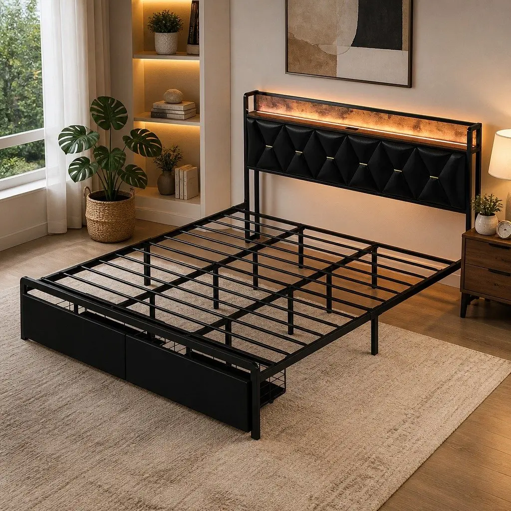 King Bed Frame Metal Base PU Leather Headboard with LED Lighting Storage Drawers Black 223cm x 183cm x 105.5cm