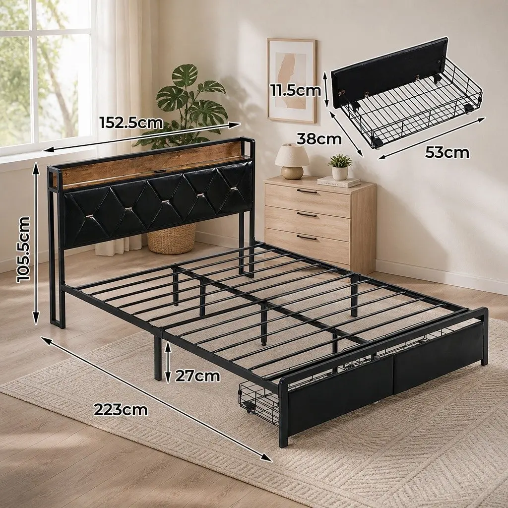 King Bed Frame Metal Base PU Leather Headboard with LED Lighting Storage Drawers Black 223cm x 183cm x 105.5cm