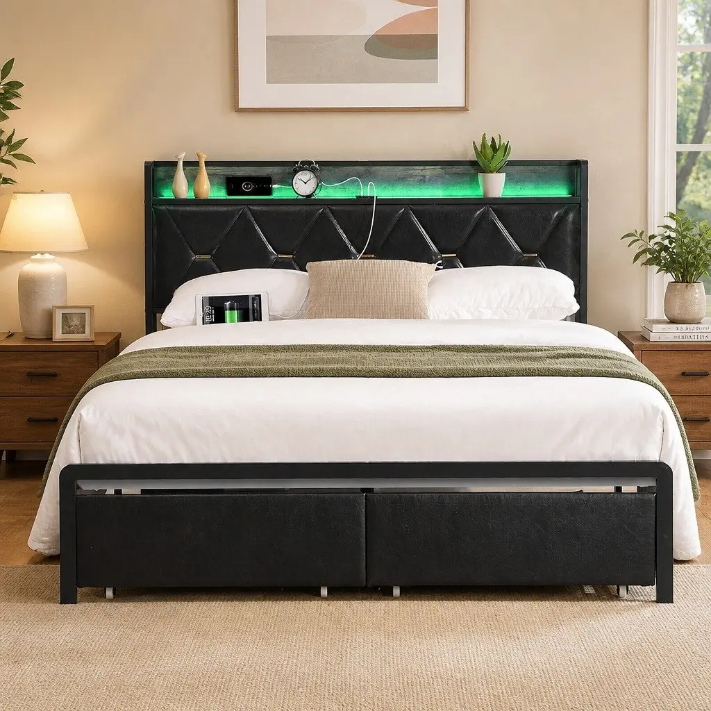 King Bed Frame Metal Base PU Leather Headboard with LED Lighting Storage Drawers Black 223cm x 183cm x 105.5cm