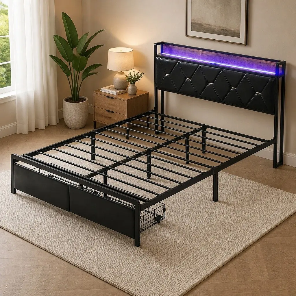 Queen Metal Bed Frame with RGB LED Lights Black with Storage Headboard and USB Charging