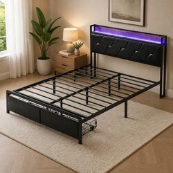 Queen Metal Bed Frame with RGB LED Lights Storage Headboard USB Charging 2