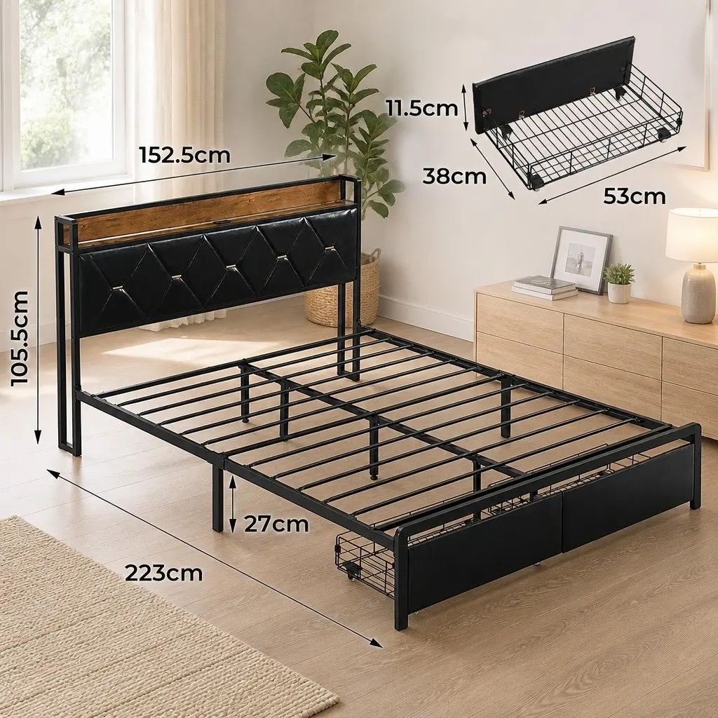 Queen Metal Bed Frame with RGB LED Lights Black with Storage Headboard and USB Charging