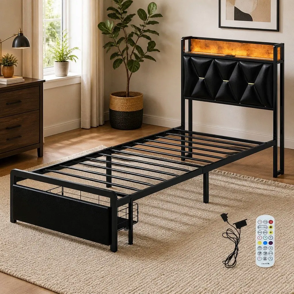 Single Bed Frame Metal PU with LED Headboard Black