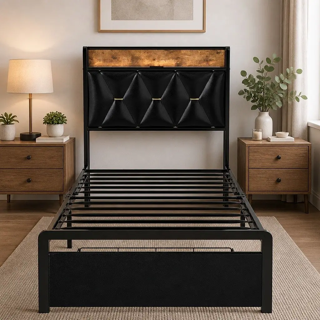 Single Bed Frame Metal PU with LED Headboard Black
