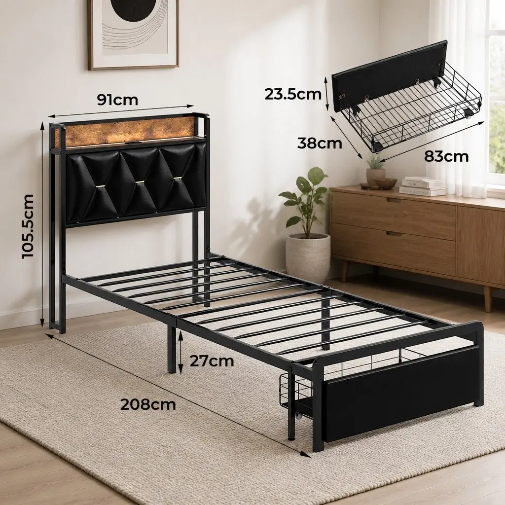 Single Bed Frame Metal PU with LED Headboard Black