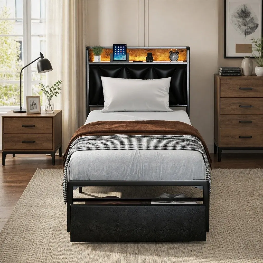 Single Bed Frame Metal PU with LED Headboard Black