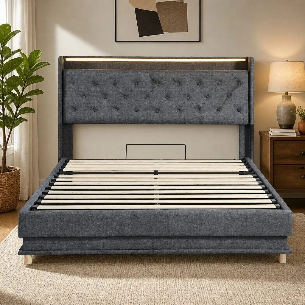 Double Bed Frame Gas Lift Storage Grey with LED Light Headboard and USB Charging