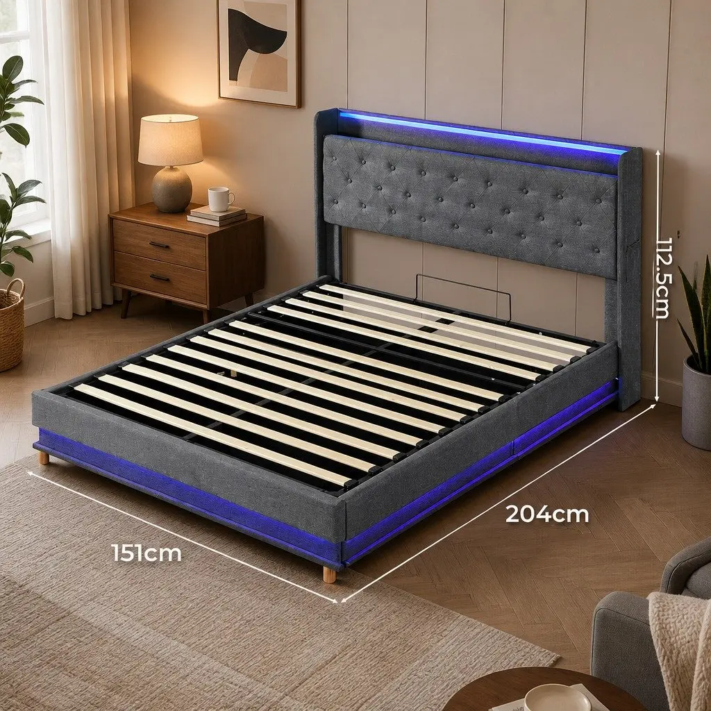 Double Bed Frame Gas Lift Storage Grey with LED Light Headboard and USB Charging