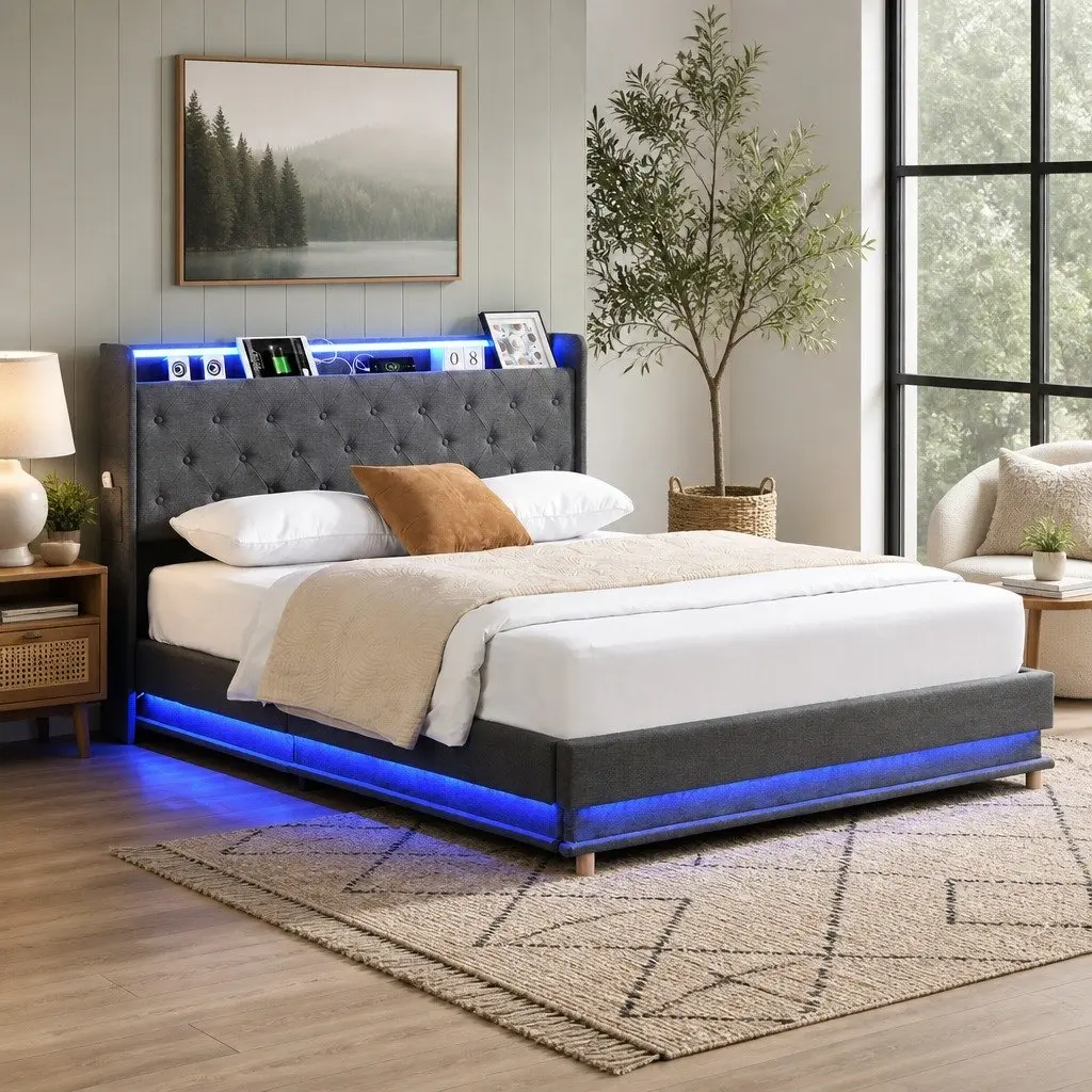 Double Bed Frame Gas Lift Storage Grey with LED Light Headboard and USB Charging