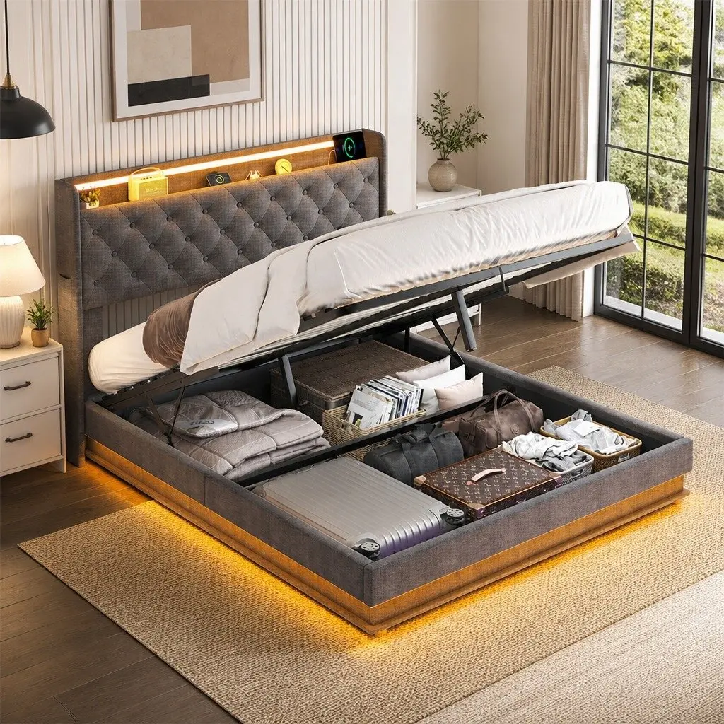 Double Bed Frame Gas Lift Storage Grey with LED Light Headboard and USB Charging