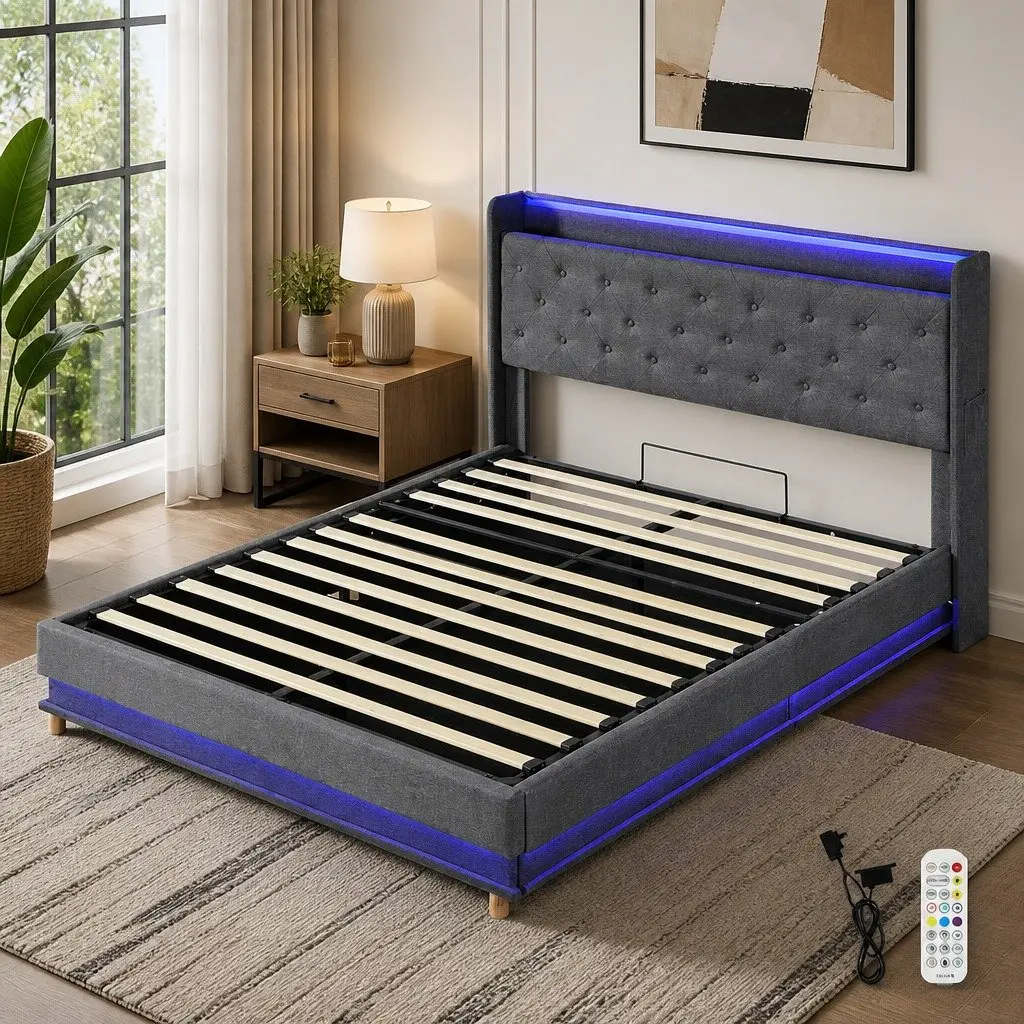 Double Bed Frame Gas Lift Storage Grey with LED Light Headboard and USB Charging
