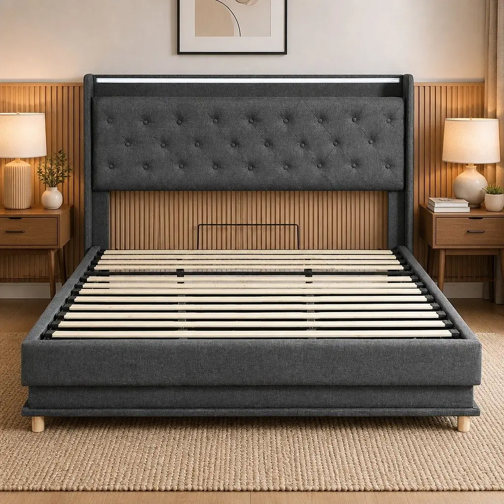 King Bed Frame Linen Upholstered Gas Lift Storage USB Charging RGB LED Grey 218cm L x 190cm W x 113cm H