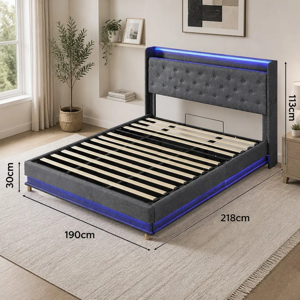 King Bed Frame Linen Upholstered Gas Lift Storage USB Charging RGB LED Grey 218cm L x 190cm W x 113cm H