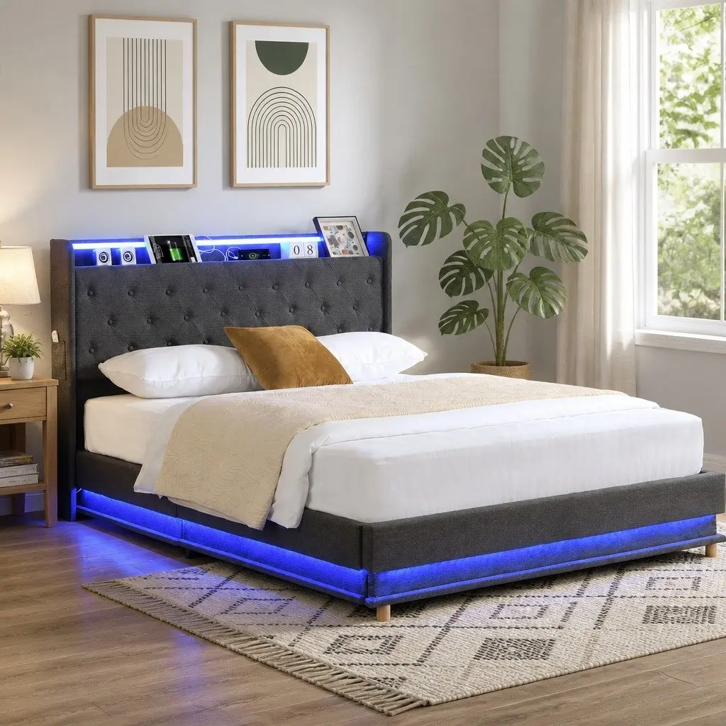 King Bed Frame Linen Upholstered Gas Lift Storage USB Charging RGB LED Grey 218cm L x 190cm W x 113cm H