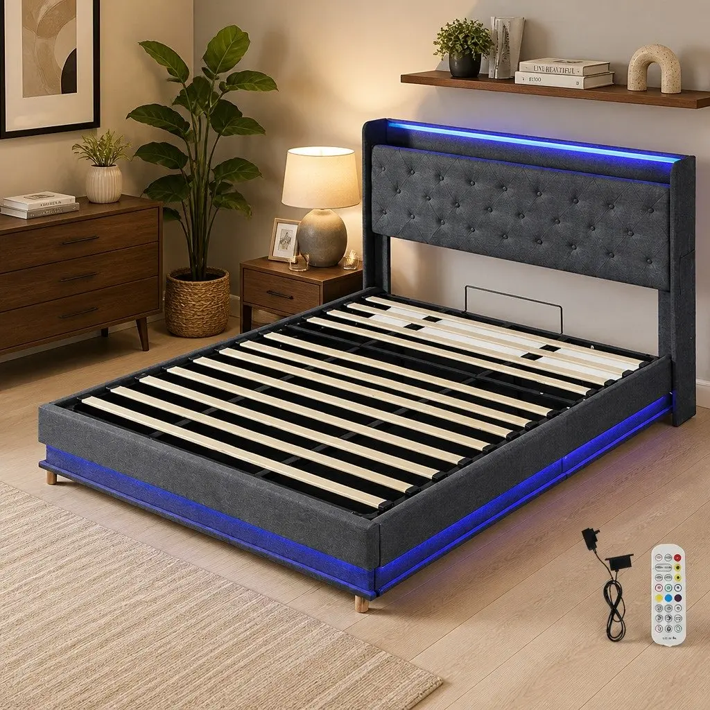 King Bed Frame Linen Upholstered Gas Lift Storage USB Charging RGB LED Grey 218cm L x 190cm W x 113cm H