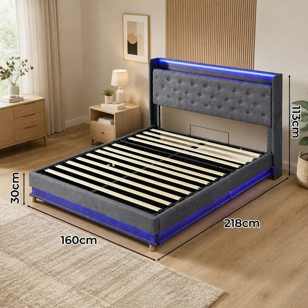 Queen Bed Frame Upholstered Linen Gas Lift Storage with LED Headboard and USB Charging in Grey