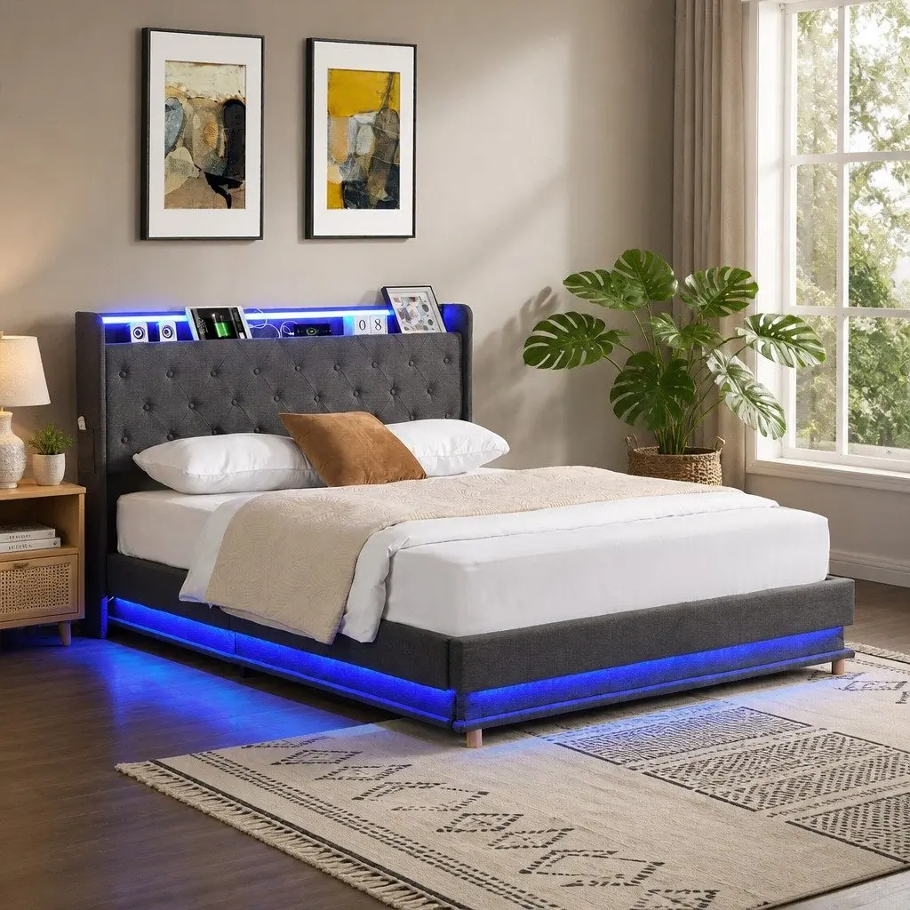 Queen Bed Frame Upholstered Linen Gas Lift Storage with LED Headboard and USB Charging in Grey