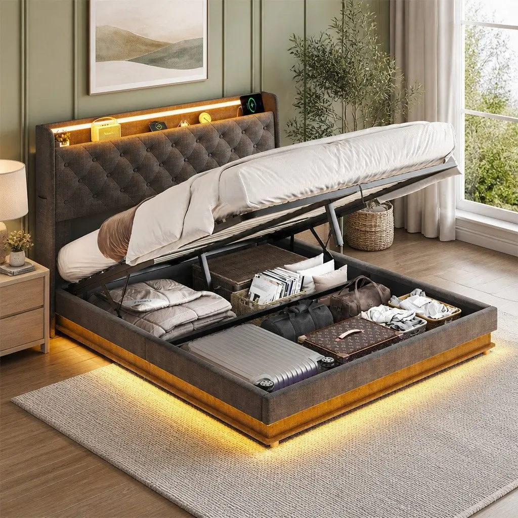 Queen Bed Frame Upholstered Linen Gas Lift Storage with LED Headboard and USB Charging in Grey