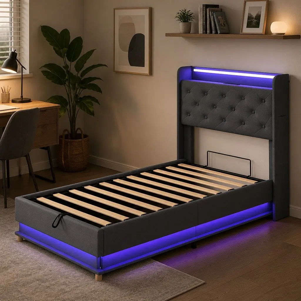 Single Bed Frame with Gas Lift & LED Headboard