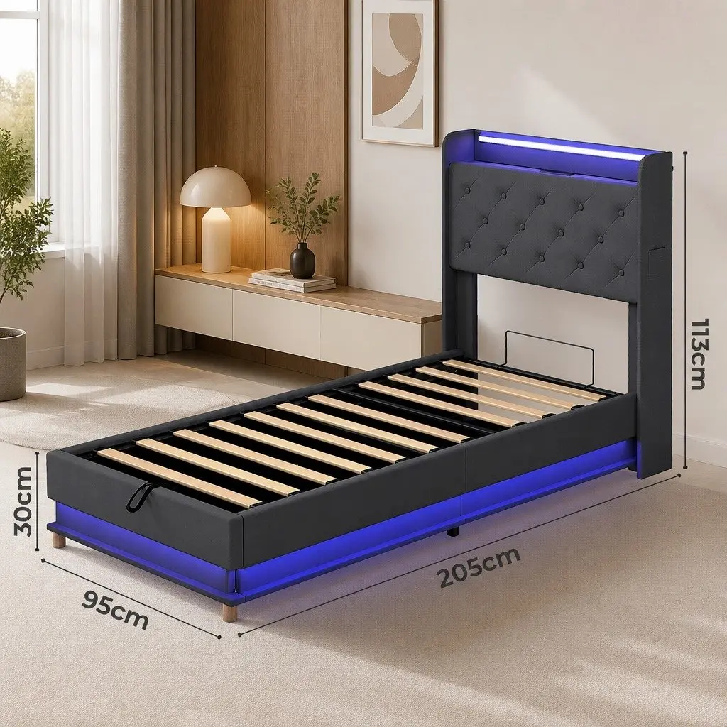 Single Bed Frame with Gas Lift & LED Headboard