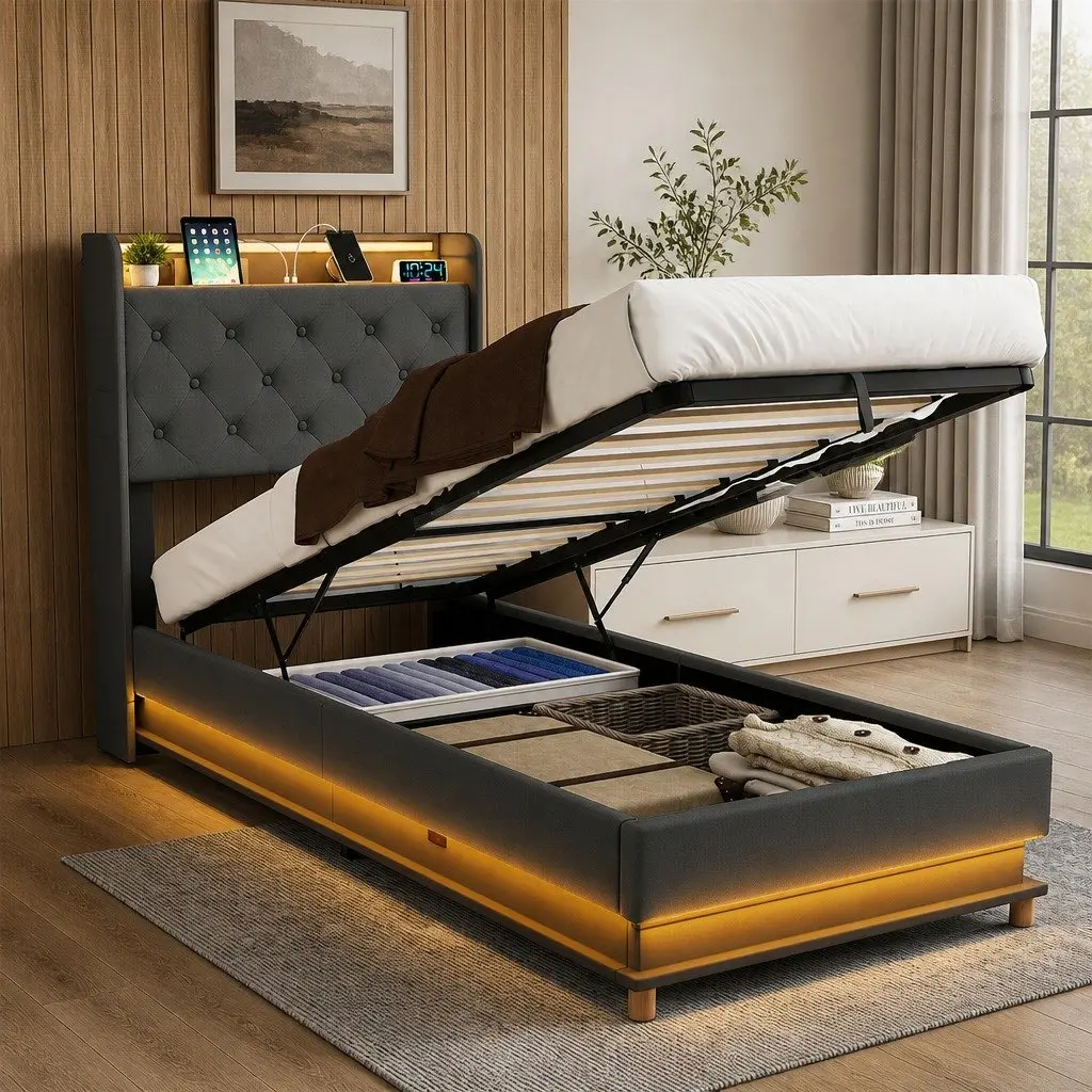 Single Bed Frame with Gas Lift & LED Headboard