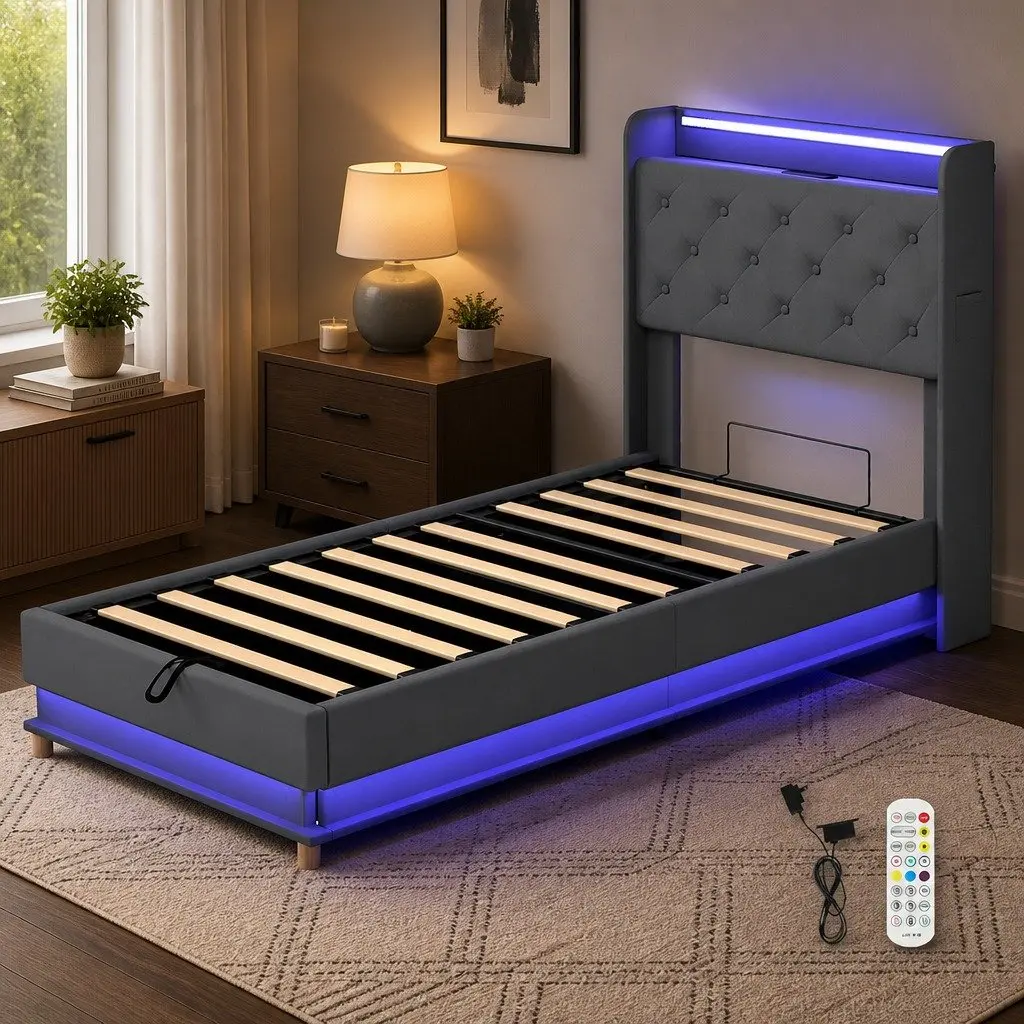Single Bed Frame with Gas Lift & LED Headboard