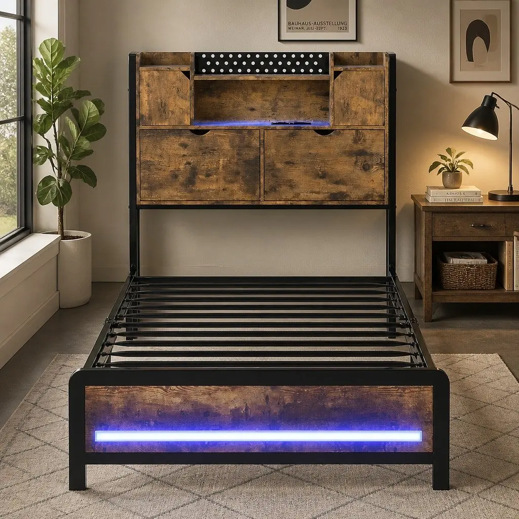 Single Bed Frame with Storage Headboard RGB LED Industrial Metal Bedroom