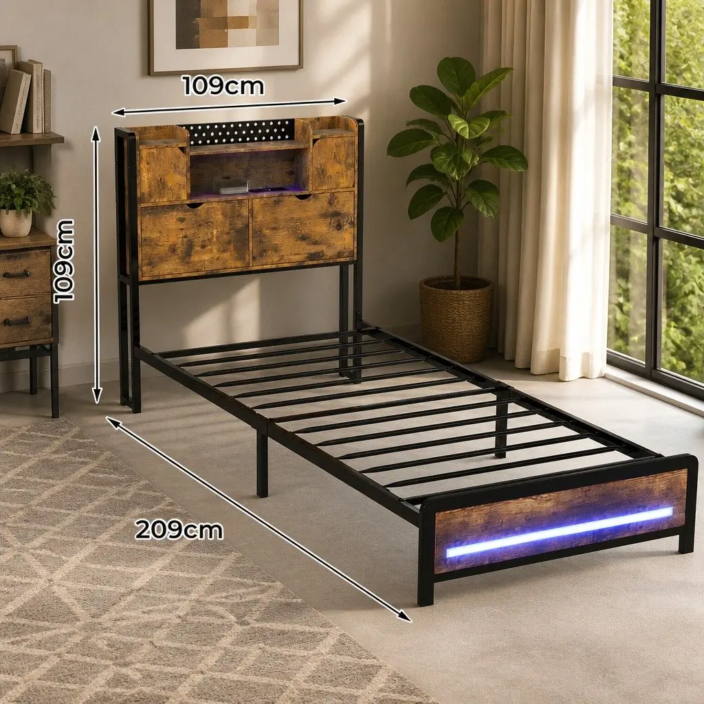 Single Bed Frame with Storage Headboard RGB LED Industrial Metal Bedroom