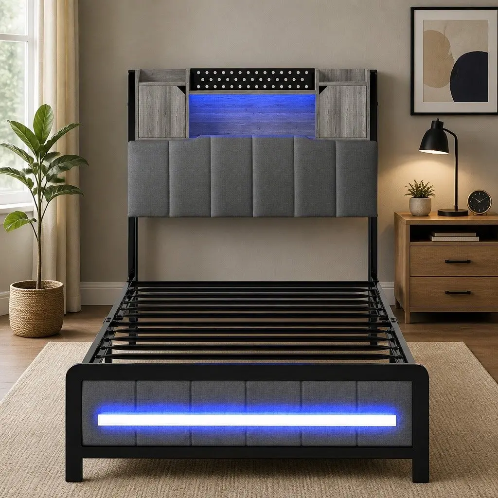 Single Bed Frame with Storage Headboard RGB LED Lights Charging Station