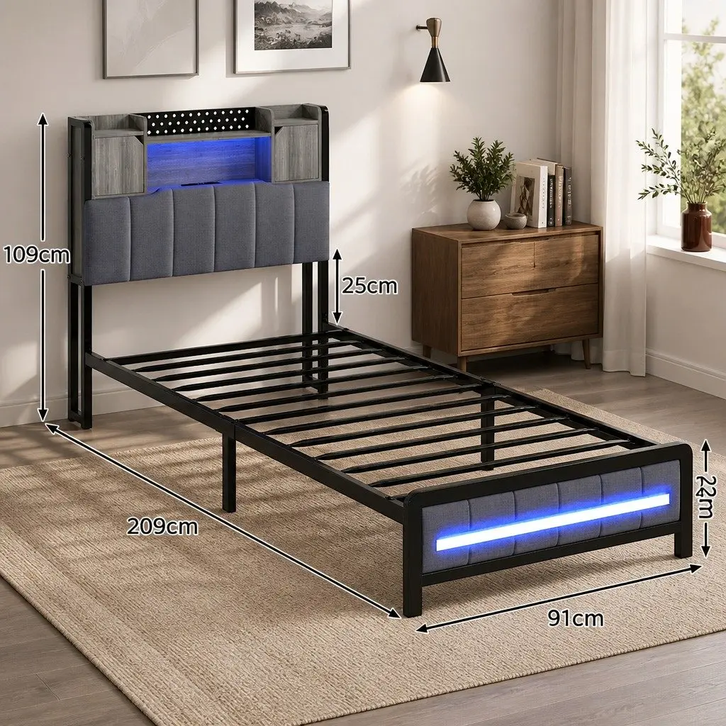 Single Bed Frame with Storage Headboard RGB LED Lights Charging Station