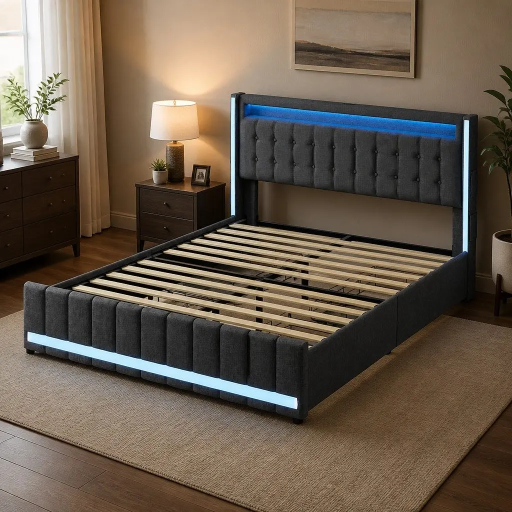 Double Bed Frame Solid Wood Metal Gray Upholstered with Storage Drawers LED Lighting USB Ports Power Outlets