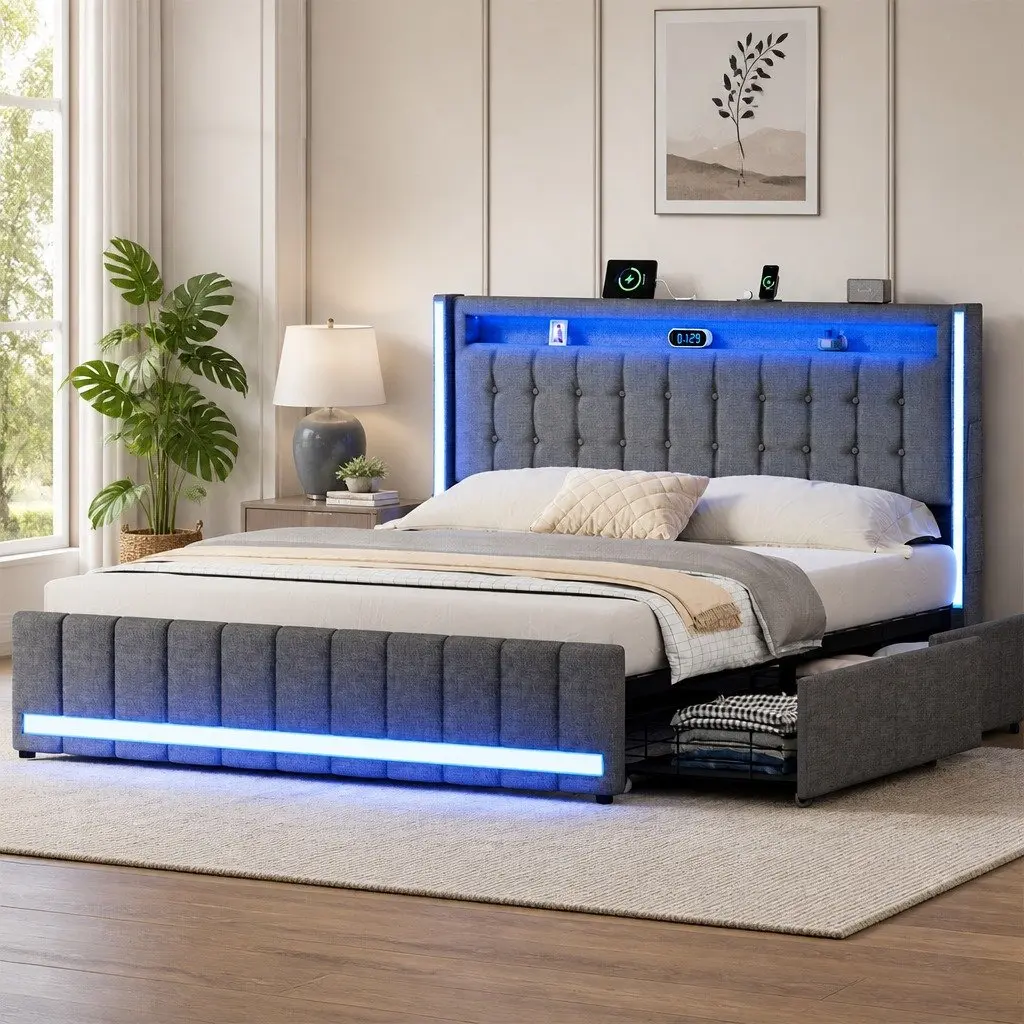 Double Bed Frame Solid Wood Metal Gray Upholstered with Storage Drawers LED Lighting USB Ports Power Outlets